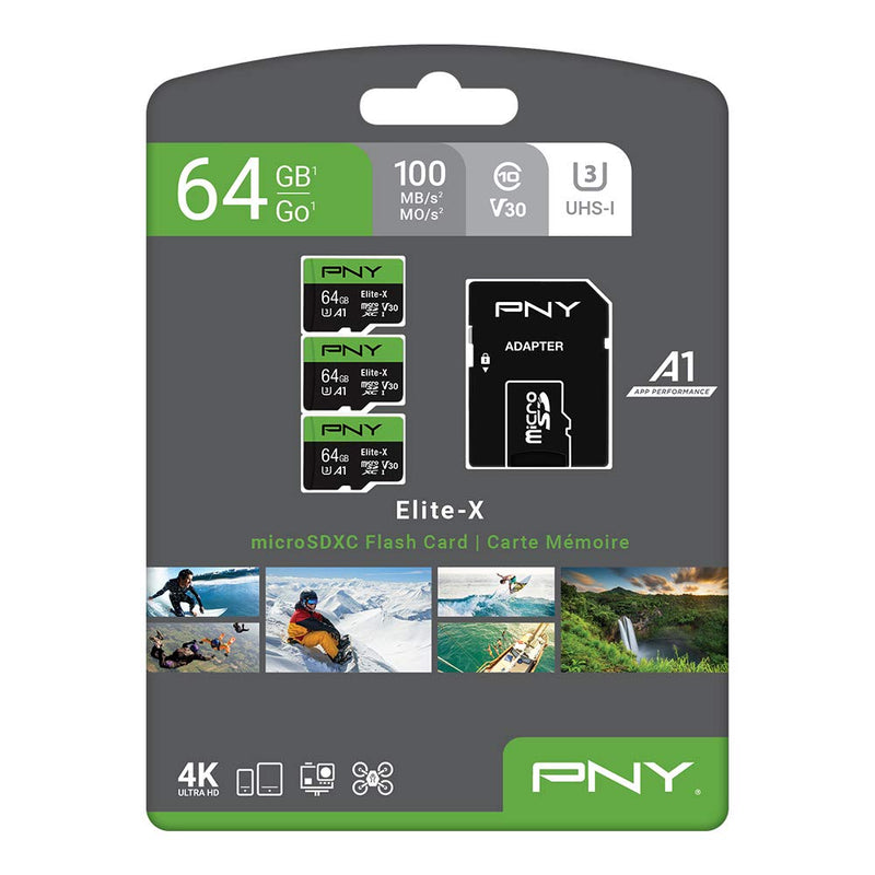 [Australia - AusPower] - PNY 64GB Elite-X Class 10 U3 V30 microSDXC Flash Memory Card, 3 Count (Pack of 1) - 100MB/s, Class 10, U3, V30, A1, 4K UHD, Full HD, UHS-I, micro SD 64GB 3-Pack 