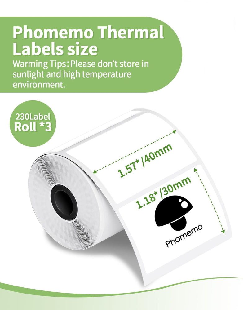 3 Roll Thermal Labels Compatible with Phomemo M110/M221/M220/M120/M200/M110S label pirnters,1.57"x1.18"(40mm*30mm),Multi-Purpose Labels for Barcode, logo,bussiness,Black on White,230 Labels/Roll 1.57"x1.18" Square