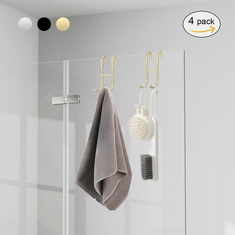 Homevacious Shower Door Hooks, 4 Pack Over Shower Glass Door Hook,SUS 304 Stainless Steel Rack Hooks, Frameless Bathroom Hanger Drilling-Free, Glue-Free Towel Hooks,Brushed Gold Brushed Gold 4 pcs