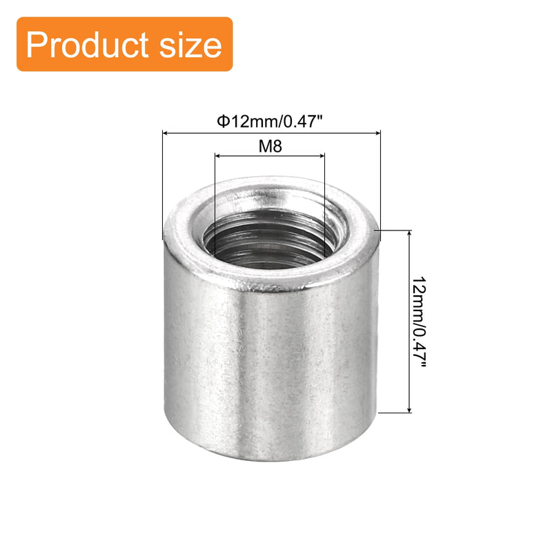 [Australia - AusPower] - uxcell 20Pcs Round Weld Nuts, M8x12x12mm Long Weld on Bung Female Nut Threaded - 304 Stainless Steel Round Connector Nuts Sleeve Rod Bar Stud, Silver 20 
