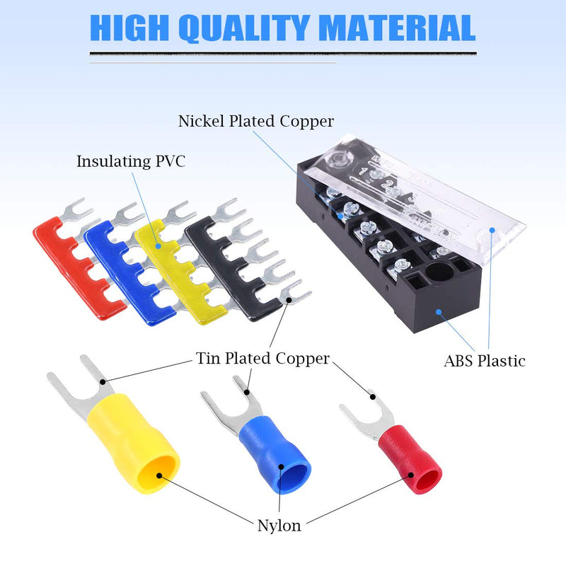 [Australia - AusPower] - Glarks 70Pcs(5Sets) Terminal Block Set, 5Pcs 5 Positions 600V 15A Dual Row Screw Terminals Strip + 5Pcs Pre-Insulated Barrier Strips + 60Pcs Insulated Fork Wire Connector (5P+Fork Connector) 5P+Fork Connector 