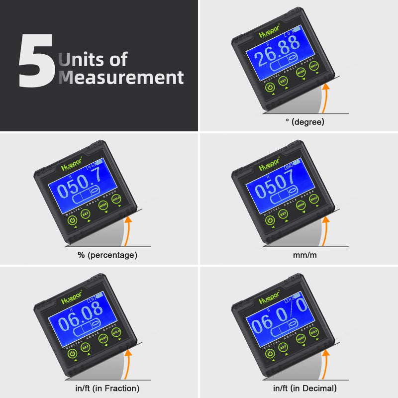 Huepar Digital Protractor, Electric Level Dual Axis Meter 0.01° Resolution V-Groove Magnetic Base & LCD Inclinometer with Acoustic Alarm 0~360°AG03