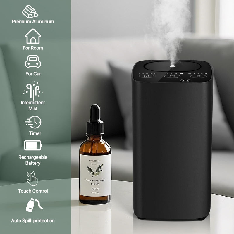 Waterless Car Essential Oil Diffuser, Portable Nebulizer Aromatherapy Diffuser, Mini Scent Air Machine with Timers for Home, Room, Car, Office,Travel Black