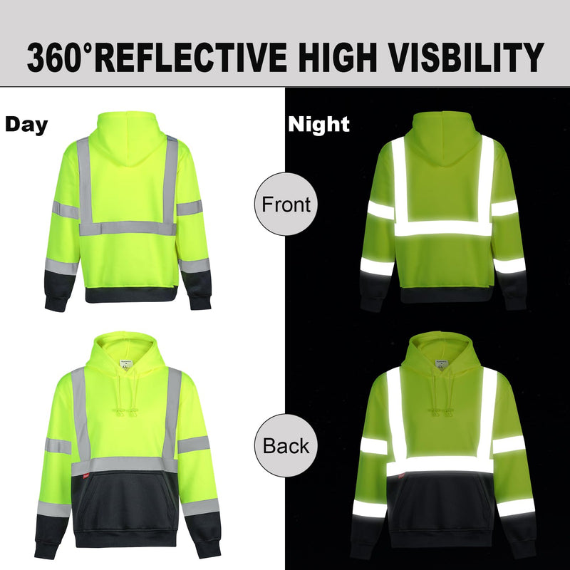 ProtectX Hi Vis Hoodie for Men Women High Visibility Safety Sweatshirt Reflective with Pockets for Construction Work Class 3 Large Neon Green - Pullover