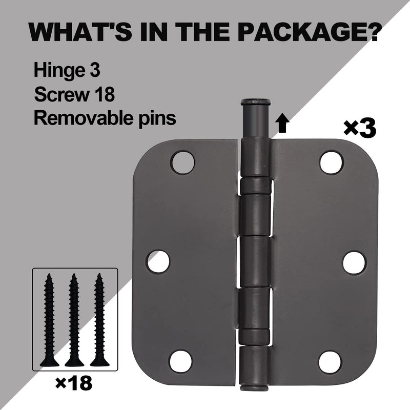 [Australia - AusPower] - 3 Pack Door Hinges Matte Black 3.5" x 3.5" Interior Door Hinges 3.5 Inch Rounded 5/8" Radius Corners, 3 1/2" Door Hinges, for Furniture Hinges 3 Pack Round-Black 