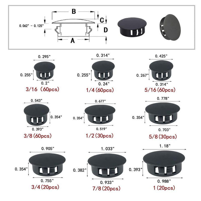 [Australia - AusPower] - 360 PCS 9 Sizes Plastic Hole Plugs Flush Type Hole Plugs Snap in Locking Hole Tube, Furniture Fencing Post Pipe Insert End Caps (Black) Black 