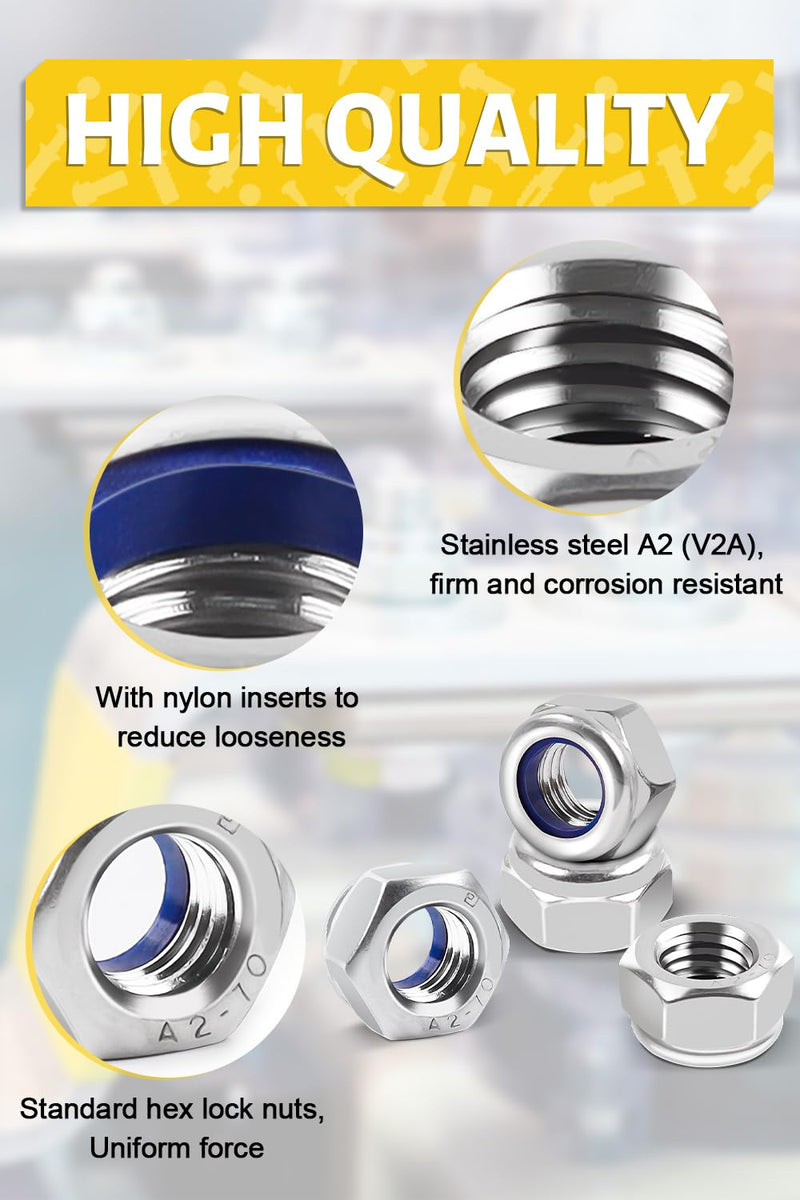 [Australia - AusPower] - 10Pcs M12-1.75mm Nylon Insert Hex Lock Nuts DIN985 Stainless Steel A2 Self Locking Nuts for Industrial Construction Fasteners 10 M12×1.75 