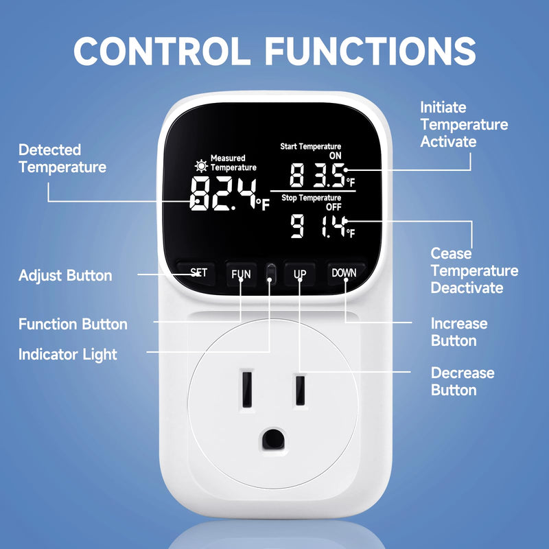 [Australia - AusPower] - Temperature Controlled Outlet , 15A/1800W Digital Thermostat Outlet, Cyclic Timing/Countdown, -40℉~210℉ VA Display Heating Cooling Control Timer with 2Pcs Probe Cable for Reptile Incubator White 