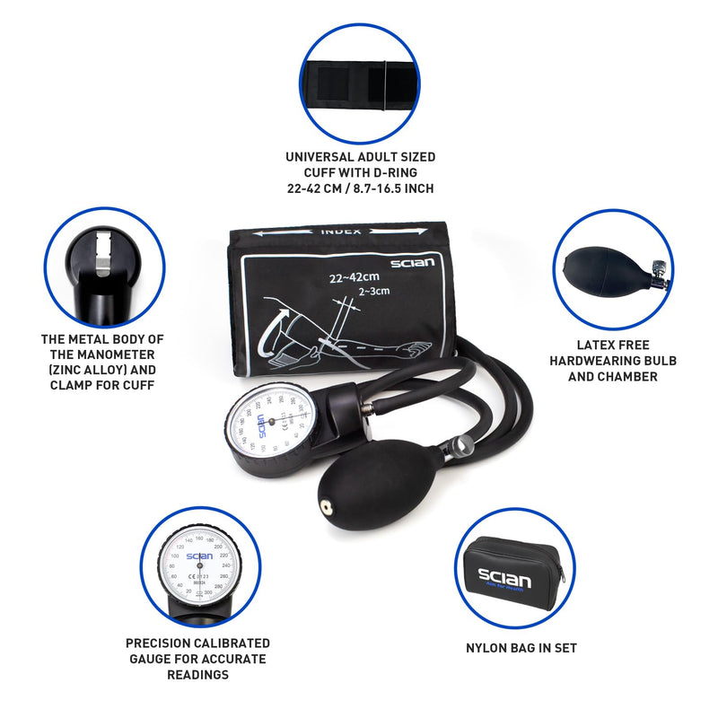 [Australia - AusPower] - SCIAN Aneroid Sphygmomanometer - Manual Blood Pressure Cuff with D-Ring Universal Cuff 10-16"", Carrying Bag for Nurse Doctor Senior Adult(Black, Stethoscope Not Included), Large 