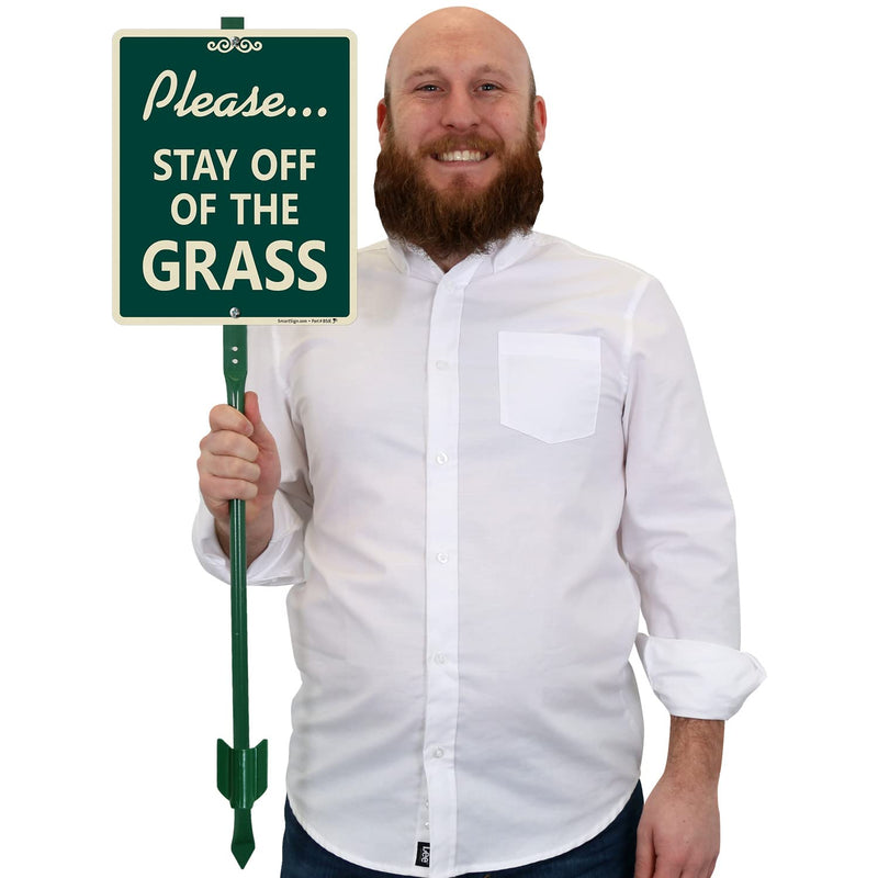 SmartSign 12 x 10 inch “Please Stay Off Of The Grass” LawnBoss Yard Sign with 3 foot Stake, 40 mil Laminated Rustproof Aluminum, White and Green, Set of 1