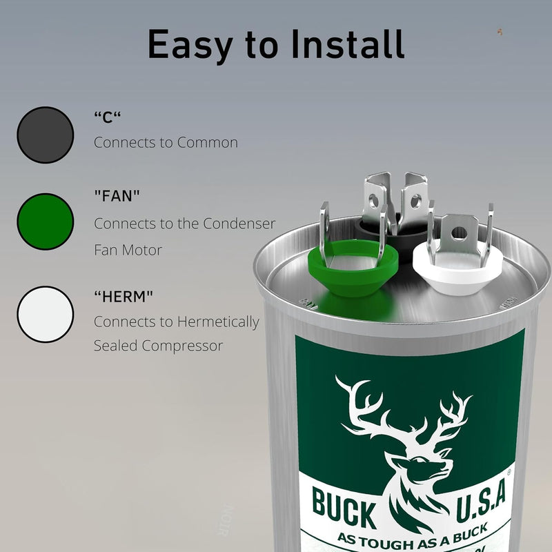 Buck 35+5uF 35/5 MFD ±6% CBB65B Dual Run Round Start Capacitor - Ideal for HVAC Systems, Air Conditioner Unit Fan Motor Start, Heat Pump, & Condenser Straight Cool Applications 370/440VAC 50/60Hz 35+5 µF 1.0