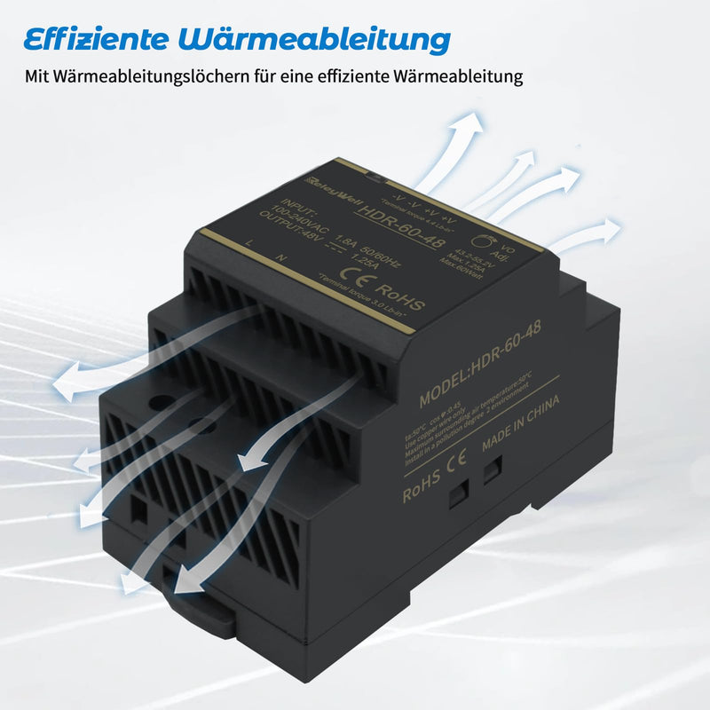 DIN Rail Power Supply HDR 48 V, 60 W, 1.25 A | Transformer 230 V to 48 V, 48 volt power supply, ReleyWell, HDR-60-48 60W,1.25A