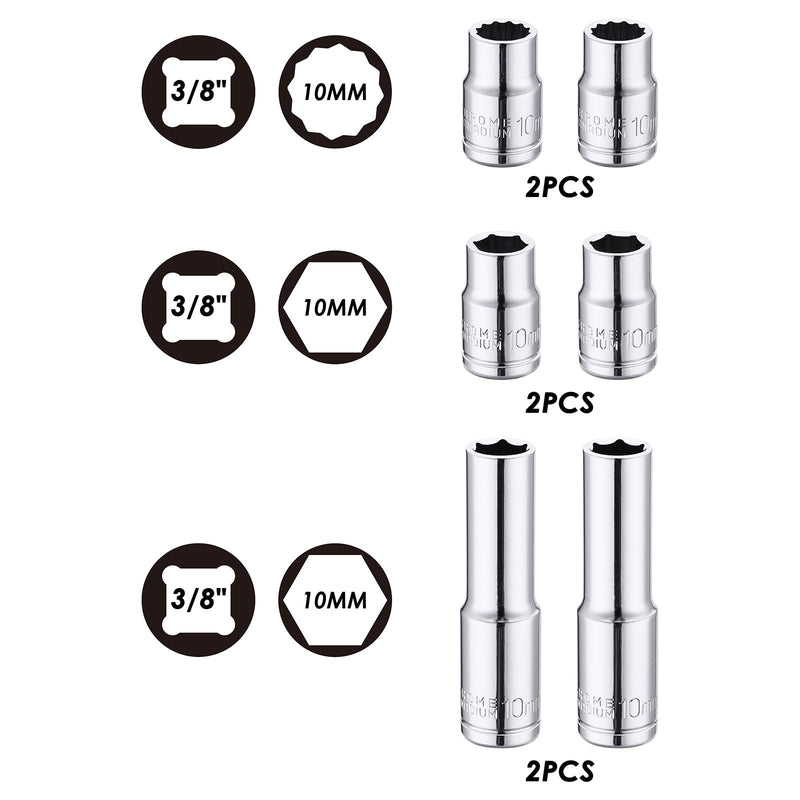 [Australia - AusPower] - MIXPOWER 6PCS 3/8"Drive 10mm Deep&Shallow Socket, CR-V, Metric, Mirror Finish, 6 Point & 12 Point 3/8"Drive(6PCS)Silver 
