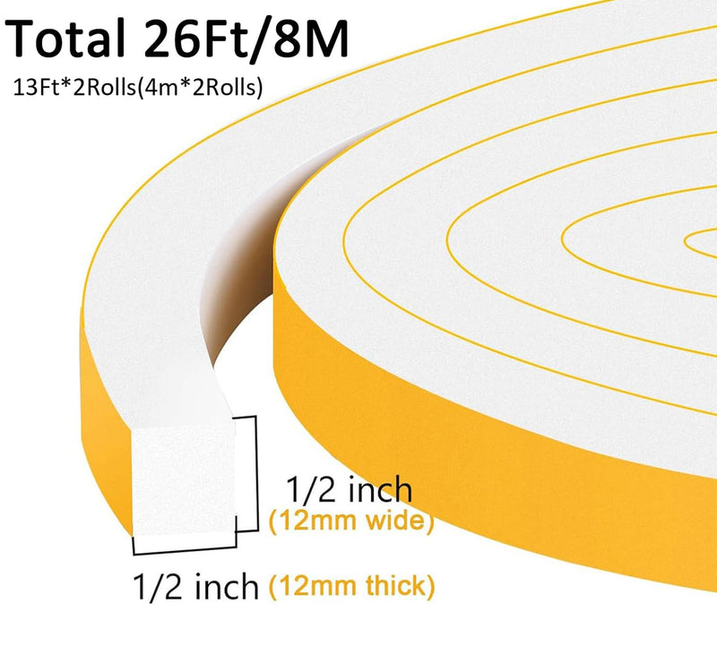 Window Insulation Weather Stripping, High Density Insulation Tape for Door, Soundproof Weatherproof Door Weather Stripping, Adhesive Foam Gasket Tape, Anti-Vibration(1/2 in x 1/2 in x 26Ft) 1/2 In x 1/2 In x 26Ft White