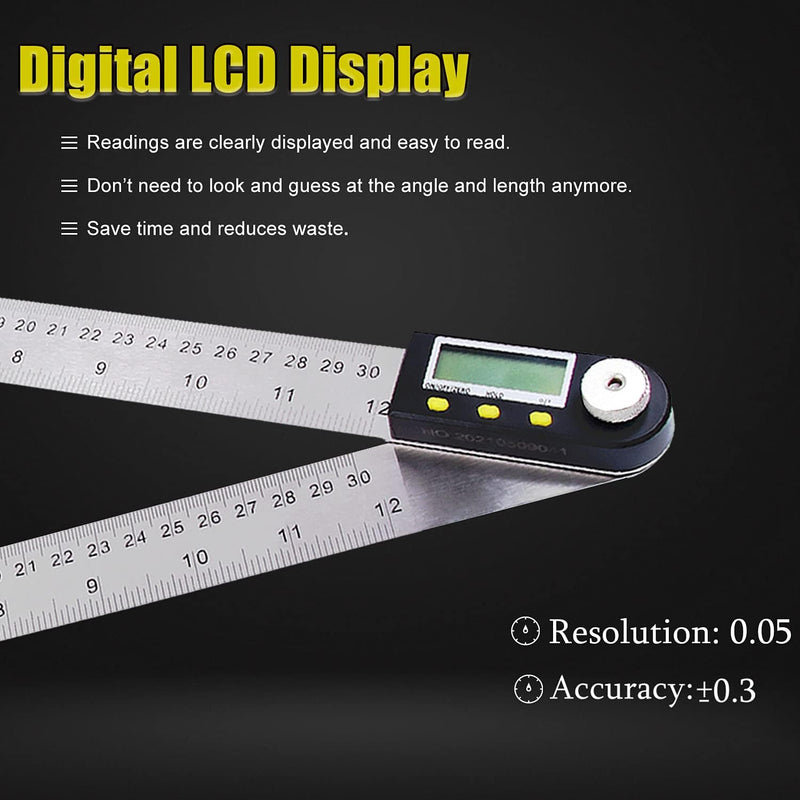[Australia - AusPower] - Delgada 12 inch/300mm Digital Angle Finder Tool Stainless Steel Digita Protractor Angle Ruler Finder Tool for Woodworking with Zeroing and Locking Function Battery 