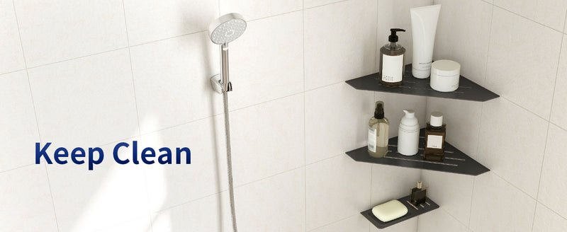 XIGOO 10" Recessed Corner Shower Shelf 2 Packs, Grout Mount Install ation with Soap Holder, Bathroom Cornor Organizer for Tiled Wall, Requires Sealant, Matte Black
