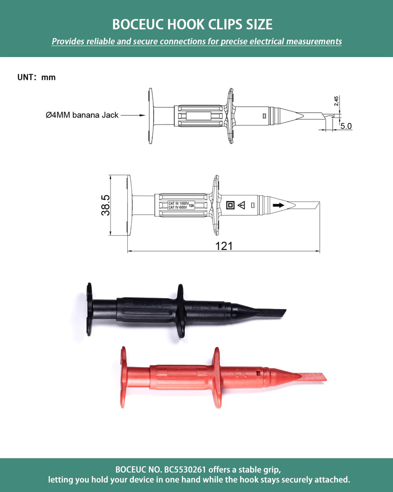 [Australia - AusPower] - Test Hook Clips Multimeter Leads for 4mm Plug Test Probe, CAT III 1000V/CAT IV 600V, 10A for Electronic Circuit Testing (1 Pair, Red Black) 