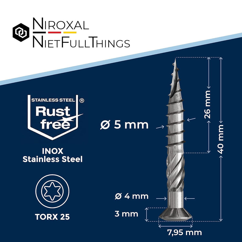 #10-1-5/8" | 200 Piece Deck Screws 5 x 40 mm | Perfect for 16 mm Panels | Hardened C1 Stainless Steel | Torx 25 | Exterior Rust Resistant Wood Screws 40 mm ≈ 1.57 in