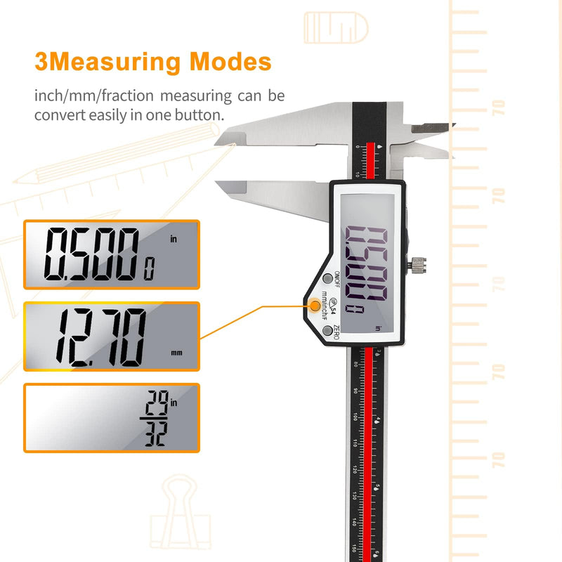 [Australia - AusPower] - Digital Caliper, 8" Caliper Measuring Tool Extreme Accuracy Waterproof Electronic Vernier Caliper Industrial Stainless Steel Digital, Durable Measuring Tool with Large LCD Screen 8" Red Stainless Steel 