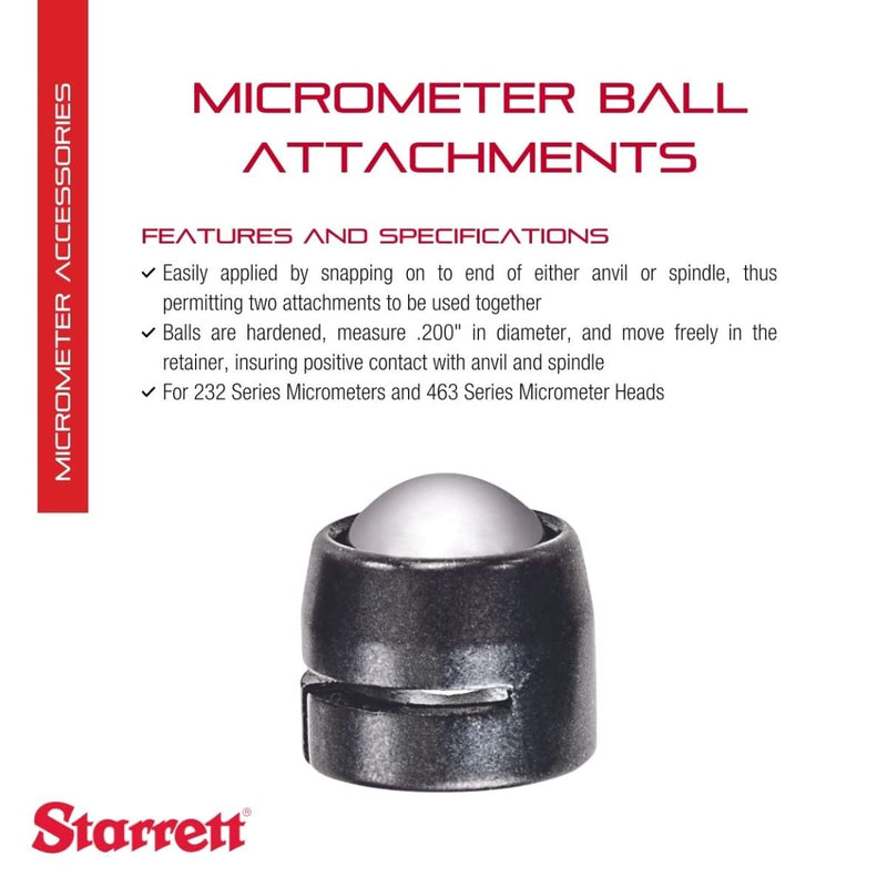 [Australia - AusPower] - Starrett Micrometer Ball Attachment for 232 Series Micrometers and 463 Series Micrometer Heads - 200" Diameter Anvil and Spindle - Quick and Easy Adjustment, .200" Diameter - 247C 