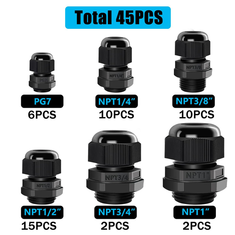 [Australia - AusPower] - 45PCS Cord Grip Cable Glands Kit,Cable Gland Waterproof Adjustable 1/4” 3/8” 1/2” 3/4” 1” NPT with PG7 Nylon Strain Relief Cord Connectors Black With Gaskets 45PCS 