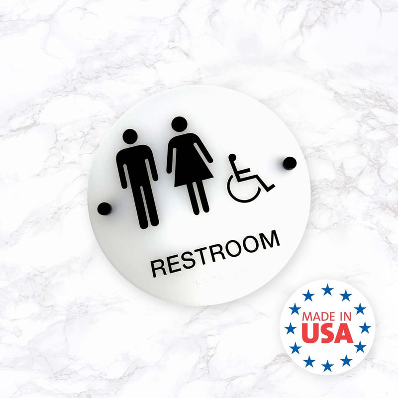Frosted Designer ADA Unisex Restroom Sign / 9" Round Gender Neutral Bathroom Sign With Braille And Handicap Symbol/Chic Translucent Sign With Stand Off Mounts/Made In The USA Frosted 9” Sign