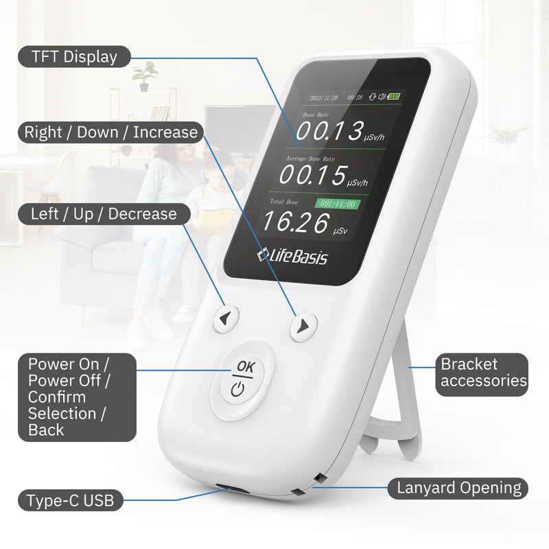 LifeBasis Geiger Counter Nuclear Radiation Detector, Radiation Dosimeter with TFT Display and Smart Alert Rechargeable Beta Gamma X-ray Radiation Monitor (with Lanyard and Bracket) - White