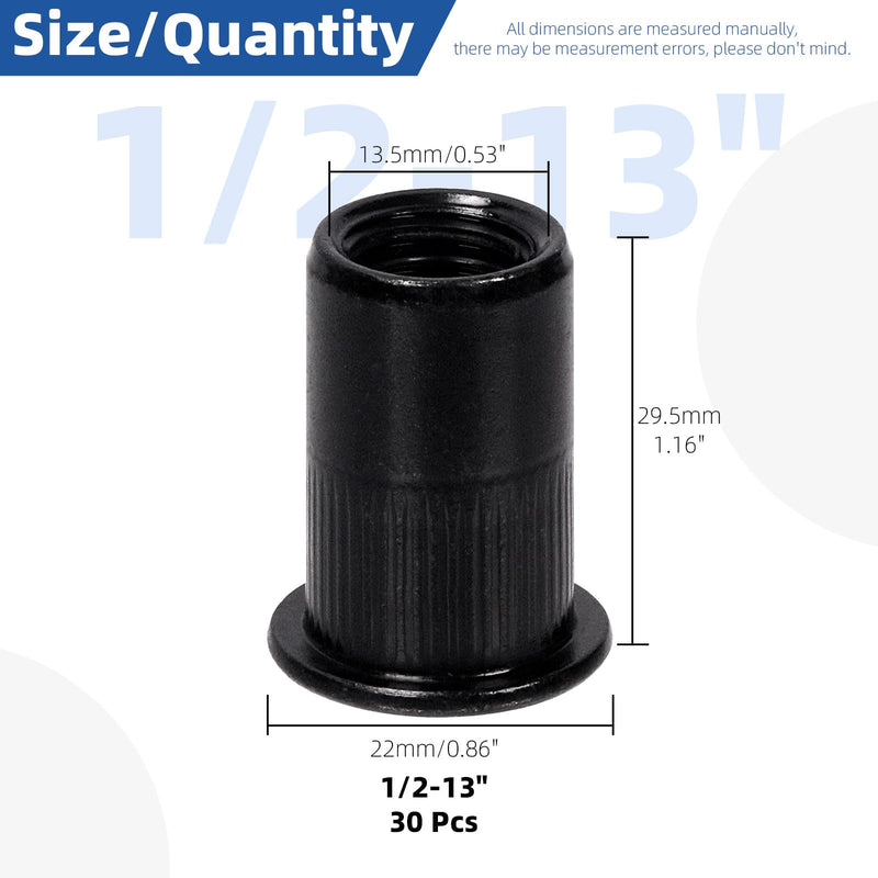 [Australia - AusPower] - Glarks 30Pcs 1/2”-13UNC Rivet Nuts Kit Black Zinc Plated Carbon Steel Flat Head Rivnut Threaded Insert Rivet Nuts Assortment Set 1/2"-13UNC 