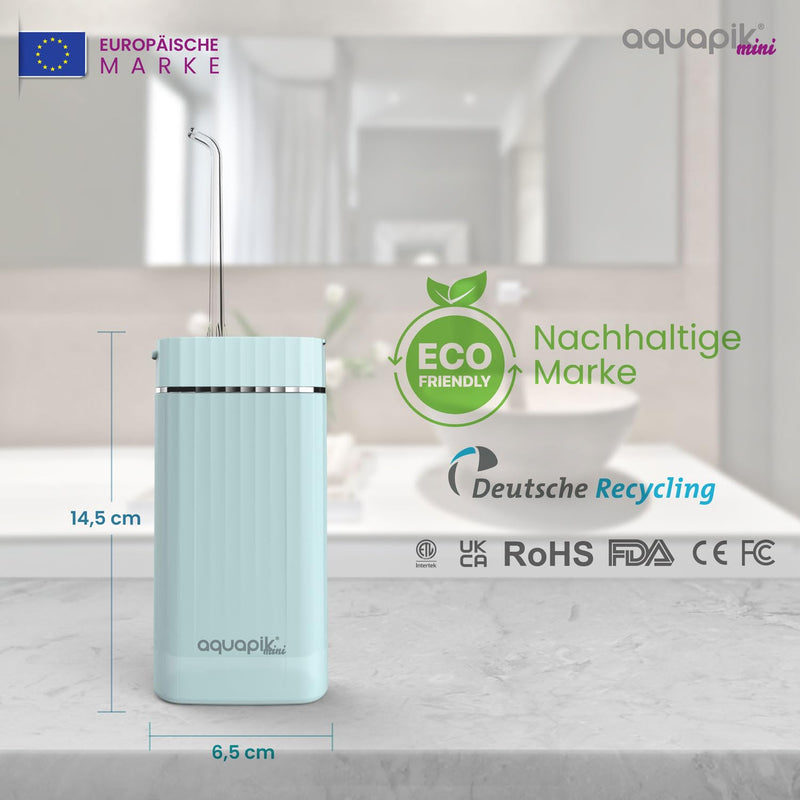 [Australia - AusPower] - Wireless Portable Oral Irrigator | Aquapik® Mini | Portable Water Flosser, IPX7 Waterproof, 1200 Pulses/min (40-140 PSI), 21 Days Battery (1100mAh), 4 Nozzles (Implants & Braces) (Blue) Blue tragbar 