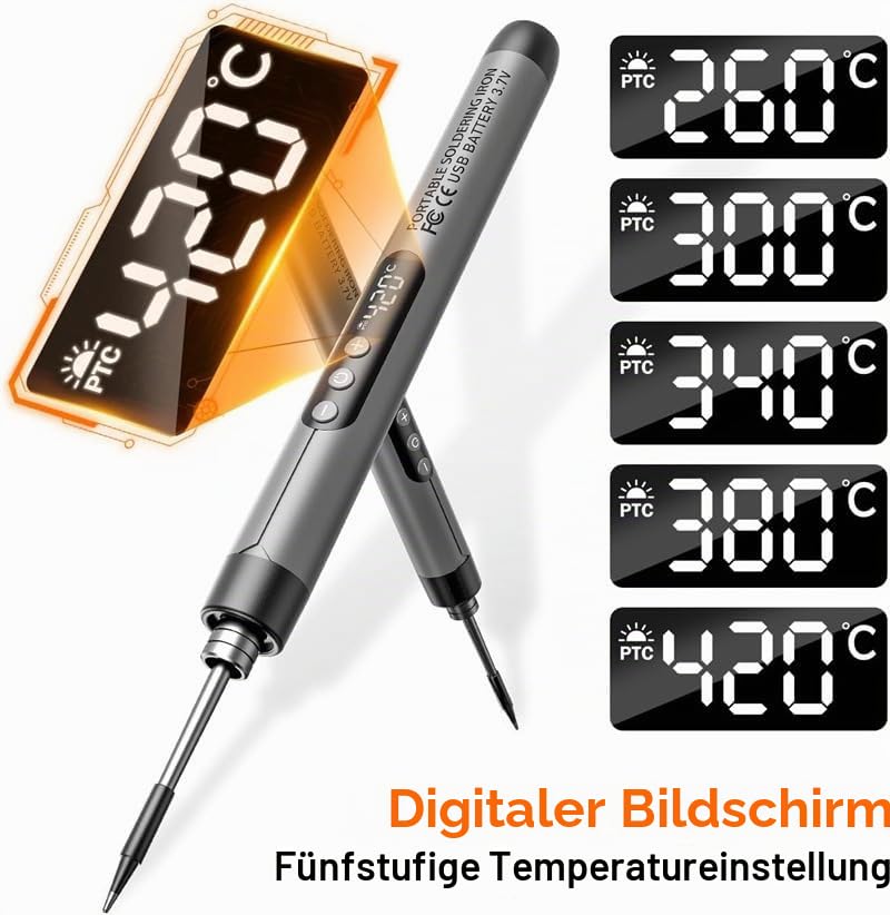 Battery Soldering Iron Set, USB Rechargeable Soldering Iron with LCD, Ceramic Heating Core, Adjustable Temperature 200-450°C, 3 Soldering Tips, Mini Soldering Station for Small Repair such as Circuit Boards and Jewellery