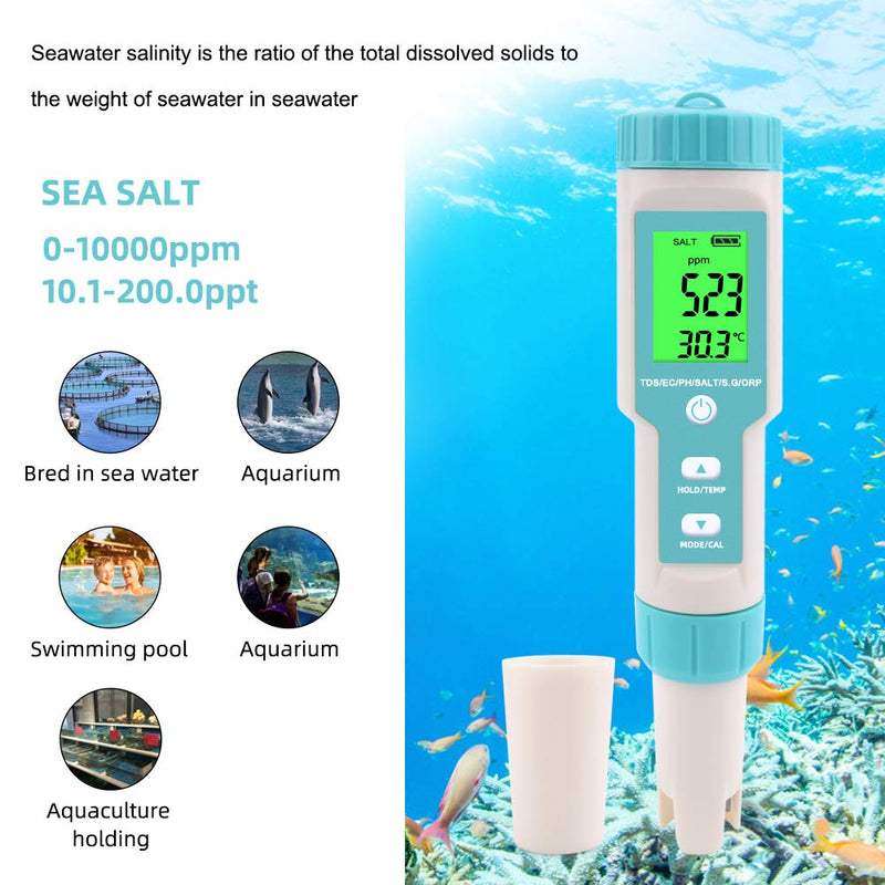 [Australia - AusPower] - 7 in 1 PH Meter Gomass 0.01 High Accuracy ph Tester Digital for Water TDS/EC/Salinity/Temp/ORP/S. G/PH Pen Tester Drinking Water, Hydroponics, Plants, Aquarium and Pool Light blue 
