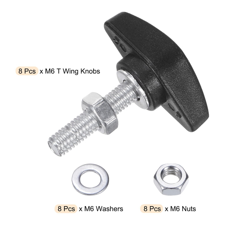 [Australia - AusPower] - HARFINGTON 8pcs Tee Wing Knobs M6 x 25mm Metric Thread 36mm T Head Plastic Handles Thumb Screws Hand Clamping Threaded Stud Knob Grip Thumbscrew with Nuts Washers, Black 