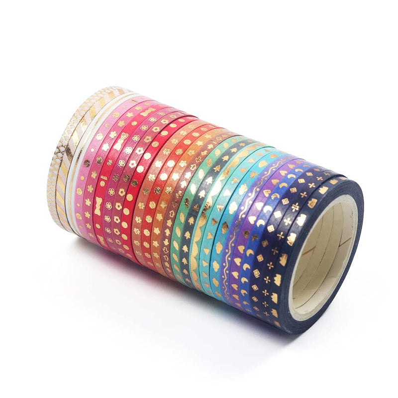 24 Rolls Washi Tape Set Foil Gold Skinny Decorative Masking Tape 3MM Wide Scrapbook Tape for DIY Craft Art Projects Journal Gift Wrapping