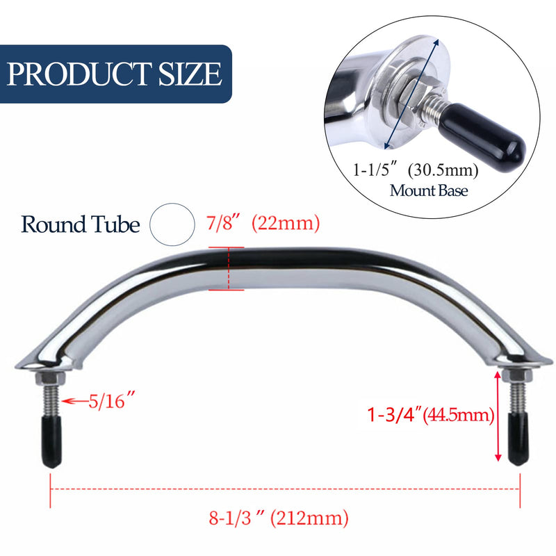 2PCS Boat Marine Grab Handle Polished Stainless Heavy Duty Round Tube Handrail with Flange & Stud - 8-1/4" Long
