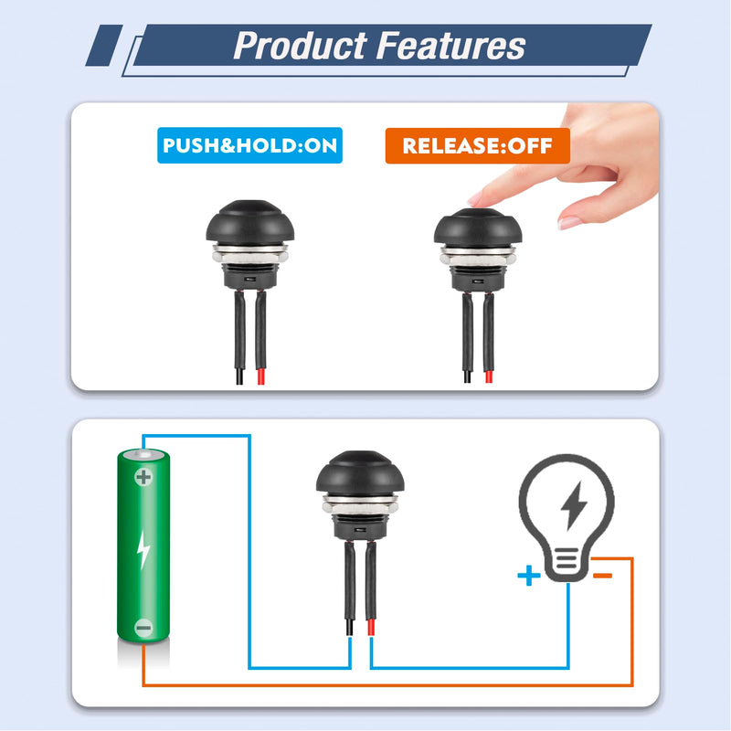 [Australia - AusPower] - VEXUNGA 12 mm Switch Momentary Push Button Mini Momentary Push Button On Off Push Button Waterproof Push Button Round with Cable Black (Pack of 6) 