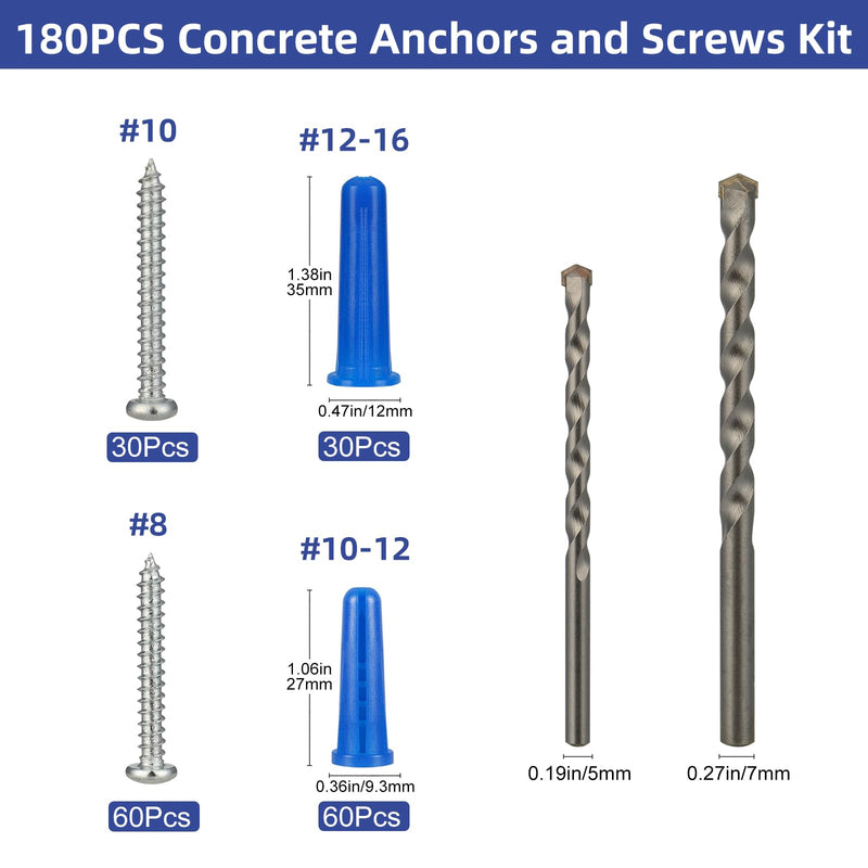 [Australia - AusPower] - 180PCS Conical Concrete Anchors and Screws Assortment Kit, 90PCS Concrete Wall Anchors, 90PCS Self Tapping Screws for Masonry Stucco Brick Cement Cinder Block Tile, with 2PCS Drill Bit 