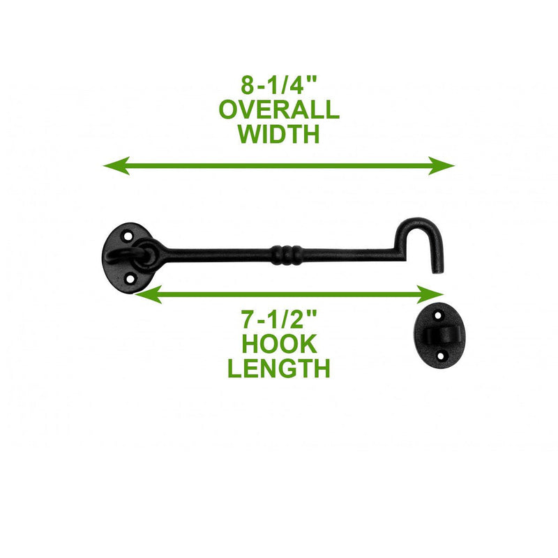 Renovators Supply Manufacturing Black Wrought Iron Cabin Hook Eye 7 Inches Long Decorative Privacy Hook Latches for Kitchen Cabinet, Window, Sliding Or Barn Doors with Mounting Screws 7 Inch