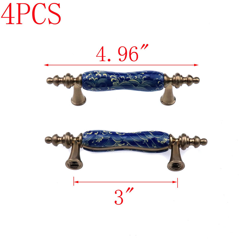 MY MIRONEY Ceramic Cabinet Pulls - Chinese Style Decorative Handles - Antique Bronze Drawer Knobs for Kitchen, Dresser, Cupboard, Door (3" Hole Center, 4 Pack) Style2