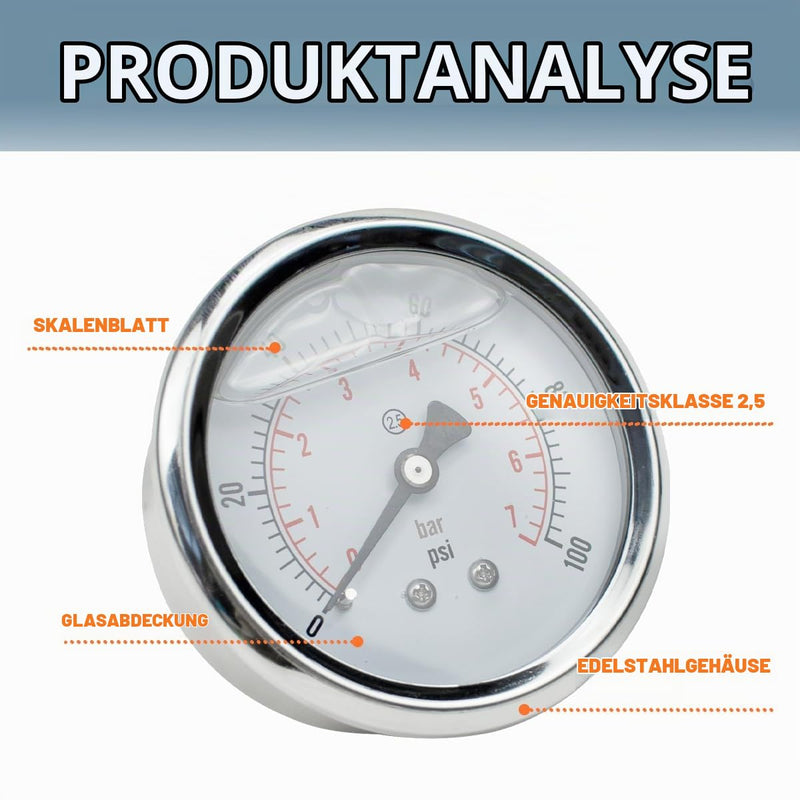 1-Pcs 40 mm Pressure Gauge BSP 1/8 Inch 0-7 Bar 0 ~ 100 Psi with 3 Pieces Socket 1/8 Inch to 1/4 Inch, 1/8 Inch to 3/8 Inch and 1/8 Inch to 1/2 Inch and Teflon Tape, Axial 40MM, 7bar(100psi)