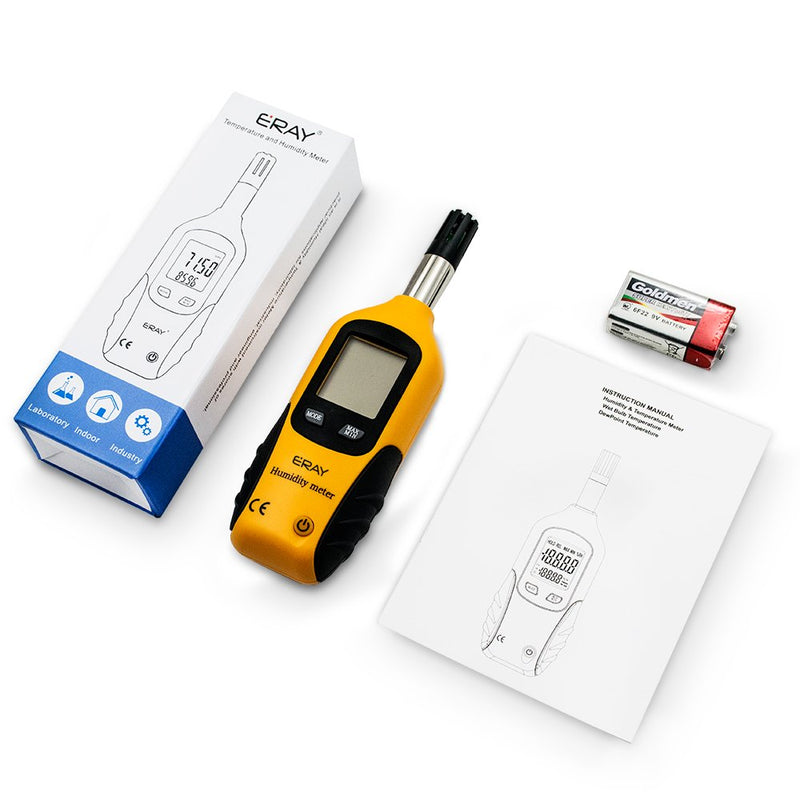 [Australia - AusPower] - Digital Psychrometer Thermometer Hygrometer with Backlight, ERAY Temperature and Humidity Reader Meter Thermo-Hygrometer with Dew Point and Wet Bulb Temperature, 9V Battery Included(Yellow) Yellow 