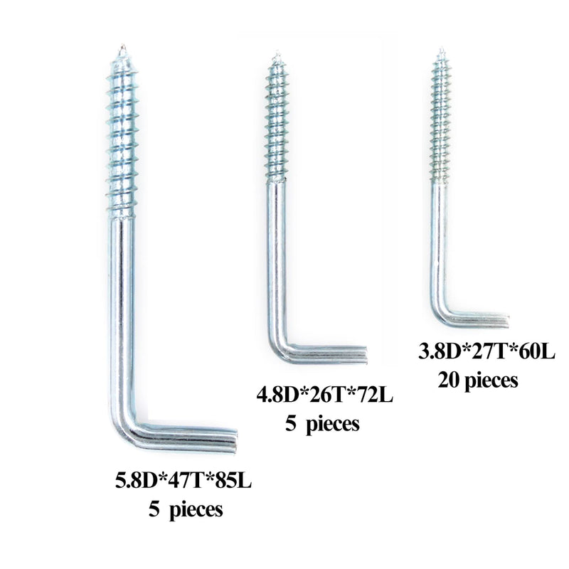 30 Pieces 3 Sizes Screw in Large Square Bend Hook kit, Galvanized Square Bend Hook self Tapping Screw Hook for Home/Workplace/Office, Heavy Load Bearing 30 Pieces 3 Sizes