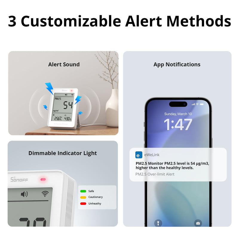 SONOFF Smart Indoor Air Quality Monitor with PM2.5, PM10, Temperature & Humidity Sensor, Real-Time Display & Alarm, Matter-Compatible, 2.4GHz WiFi, 3.73-inch Screen, for Bedroom, Nusery Room