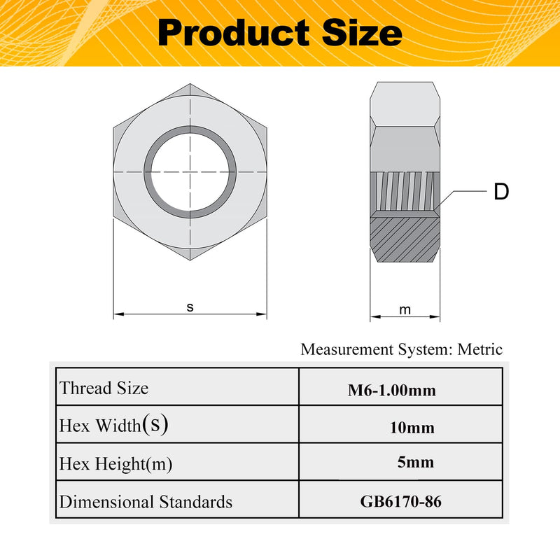 [Australia - AusPower] - 100pcs M6-1mm Hex Nuts, Carbon Steel, Black Oxide, M6 x 1.00mm Hex Drive, Grade 8.8, Metric, Right Hand, 10mm/0.4" Width, 5mm/0.2" Height, Replacement Nut with Plastic Case 