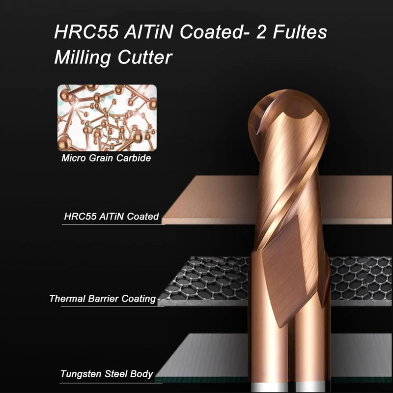 [Australia - AusPower] - ASNOMY Set of 2 Solid Carbide Radius Milling Cutter Ball End Mill Diameter 4 mm AlTiN Coating HRC 55, Carbide Ball End Mill, 2 Teeth CNC Engraving Cutter for Metal Ø4mm-2 Stücke 