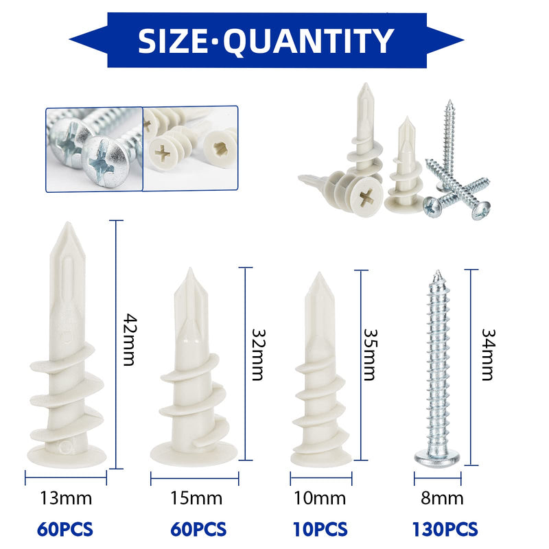 [Australia - AusPower] - 260 PCS Self Drilling Drywall Anchors, 3 Sizes Nylon Plastic Wall Anchors with Screws for Drywall, No Pre Drill Hole Preparation Required, 10x35mm, 13x42mm, 15x32mm 