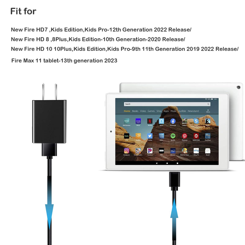 [Australia - AusPower] - 15W Fast Charger with 10Ft Extra Long 5A USB C Cable for Charging New Fire HD 10,10Plus-9th 11th Gen 2019 2021,Fire Max 11-13th Gen 2023, Fire HD 7 8-10th 12th Gen 2020 2022,Kids Edition,Kids Pro 