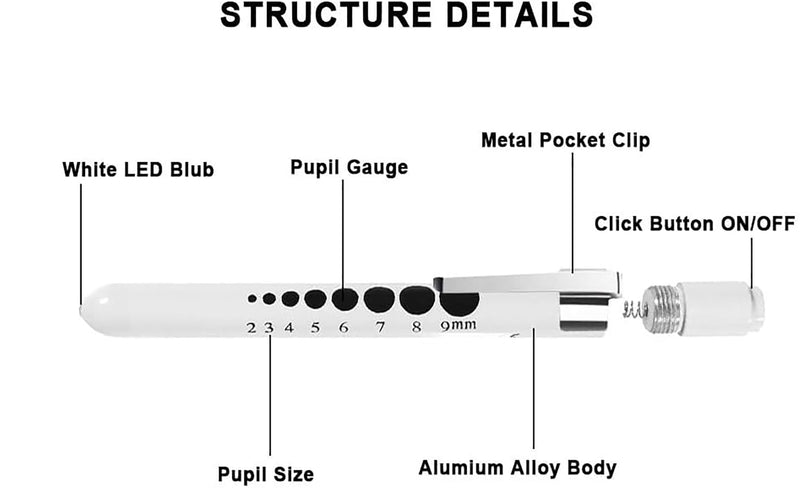 [Australia - AusPower] - Pen Lights for Nurses Doctors, 2 Pack Reusable Medical PenLight with Pupil Gauge and Ruler, with 4 AAA Batteries for Nursing Students Essentials Black and White 