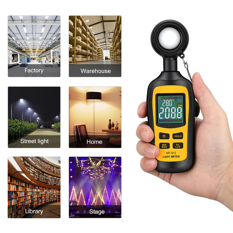 [Australia - AusPower] - Light Meter Digital Illuminance Meter Handheld Ambient Temperature Measurer, Range up to 200,000 Lux, Luxmeter with 4 Digit Color LCD Screen 