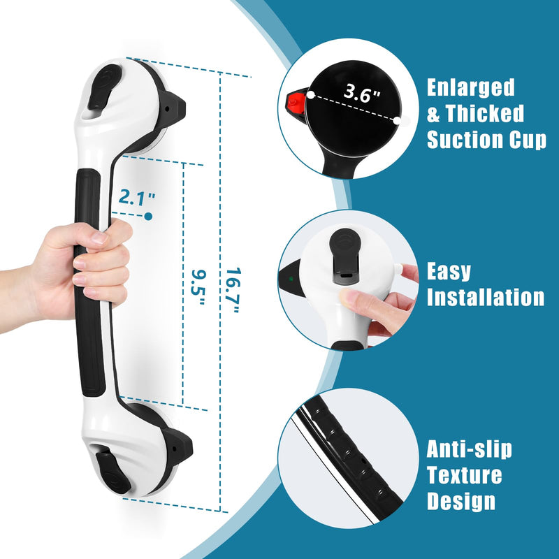 MCDEX Grab Bars for Shower, 2 Pack Shower Handle for Elderly (Black White) | Safety Signal Indicators, Strong Suction Cup, Easy Installation, No Drill, Removable, Anti-Slip, Waterproof 16.5 Inch Black/White