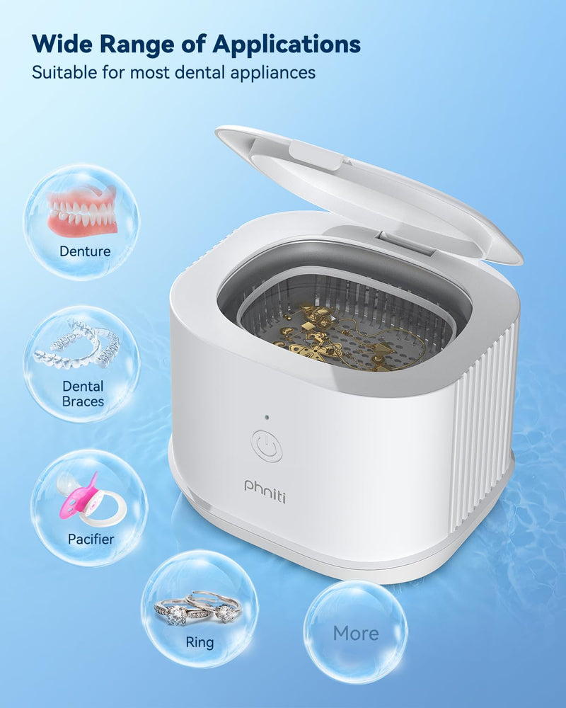[Australia - AusPower] - Ultrasonic Jewelry Cleaner, Phniti 46kHz Professional Portable Ultrasonic Retainer Cleaner Machine with Timer for Dental Retainer, Mouth Guard, Watch, Ring, Diamond - Household Use, White 1 PACK 